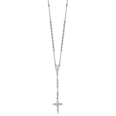 Black Bow Jewelry 14k White Gold 3mm Beaded Rosary Necklace with Crucifix, 24 Inch