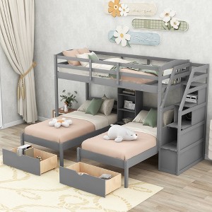 Whisen Twin over Twin & Twin Bunk Bed, Triple Bunk Bed with Drawers, Storage Staircase and Built-in Shelves - Gray - 1 of 4