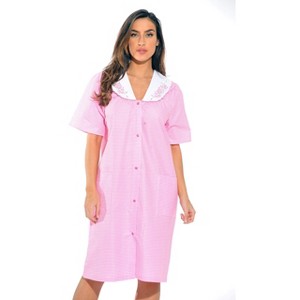 Dreamcrest Womens Short Sleeve Duster, Seersucker Gingham Housecoat/Women Sleepwear Embroidered Snap Front Nightgown - 1 of 2