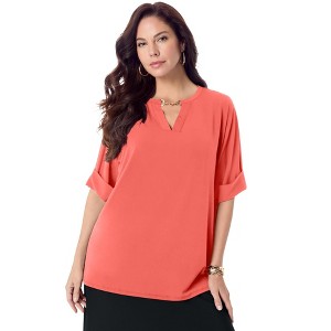 Roaman's Women's Plus Size Ultrasmooth Fabric V Neck Tee With Chain Detail - 1 of 4