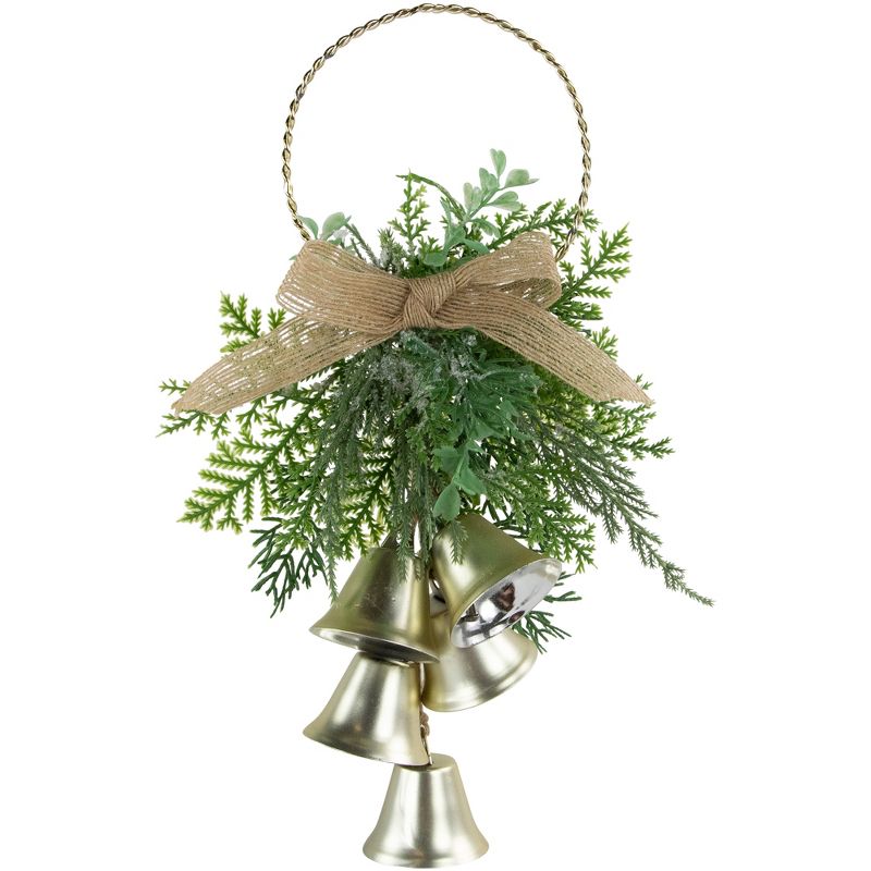 Northlight 11.25" Gold Bells Christmas Door Hanger with Burlap Bow, 1 of 6