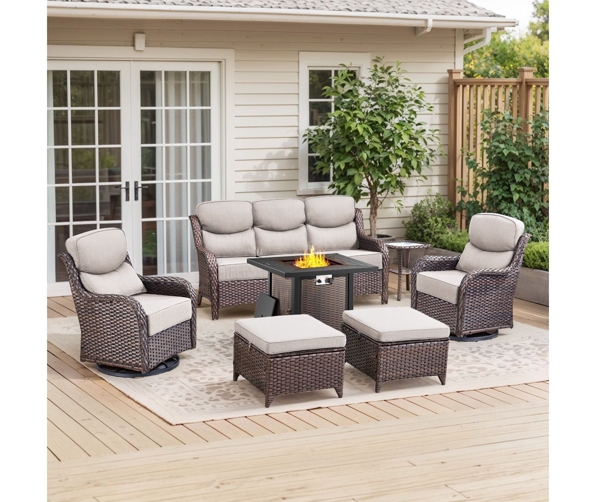 Gymojoy 6/7PCS Outdoor Fire Pit Table with Sofa Swivel Chair 6-inch Thick Cushion Furniture Set