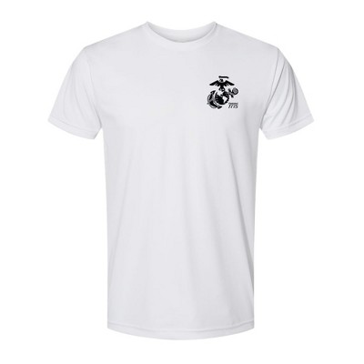 OUTSIDE THE WIRE Leatherneck for Life White Left Chest Eagle, Globe, and Anchor Established Performance T-Shirt- Black Logo