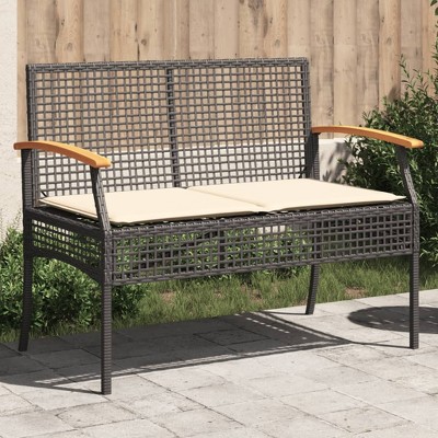 vidaXL Patio Bench with Cushion Black Poly Rattan Acacia Wood