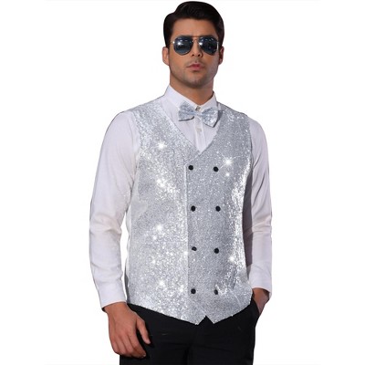 Lars Amadeus Men's V-Neck Slim Fit Double-Breasted Party Disco Prom Nightclub Sleeveless Sequin Vest