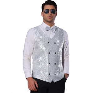 Lars Amadeus Men's V-Neck Slim Fit Double-Breasted Party Disco Prom Nightclub Sleeveless Sequin Vest - 1 of 4
