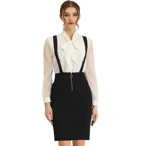 Allegra K Women s High Waist Zipper Front Work Office Suspender Pencil Skirt Black X Small