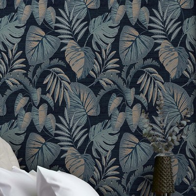 Navy Blue Tropical Leaves Removable Wallpaper Sample