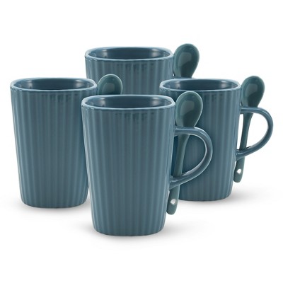 Coffee Mugs Set Square Two-Tone Flared-Rim Stoneware Mugs, 14 oz. for Tea,  Cappuccino, Latte, Coffee, Cocoa, Set of 6 ( 3 Blue & 3 Black ) 