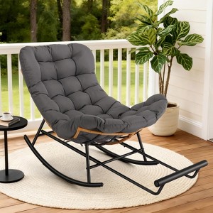 Oversized Outdoor Rocking Chair with Foldable Footrest and Cushion, Modern Patio Papasan Lounge Chair for Garden, Porch,Balcony - 1 of 4