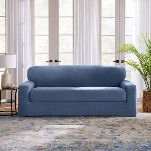 Sure Fit 2pc 96" Wide Cedar Stretch Textured Sofa Slipcover Indigo: Elastic Fit, Indoor Use, Pet Friendly - 1 of 4