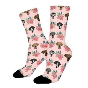 Great Dane Pink Floral Women Printed Crew Socks Funny Funky Socks Soft Polyester Novelty Gifts for Artists Men - 1 of 1