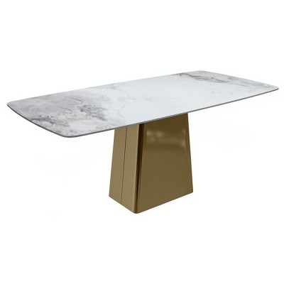 LeisureMod Quinix Modern Rectangular Dining Table for 4 to 8 People with Glass/Sintered Stone Top and Gold Stainless Steel Base