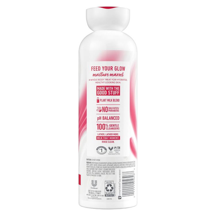 A plain shot of the back of Dove Oat Milk & Berry Brulee Body Wash. It features claims such as plant milk blend, no sulfates/parabens, pH balanced, 100% gentle cleansers, and cruelty-free certification. 