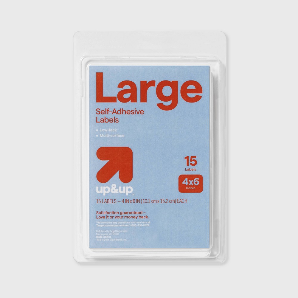 15ct Large Peel and Stick Labels - up&up™: Removable Sticky Adhesive Pads, White, 4"x6", 15 Pack