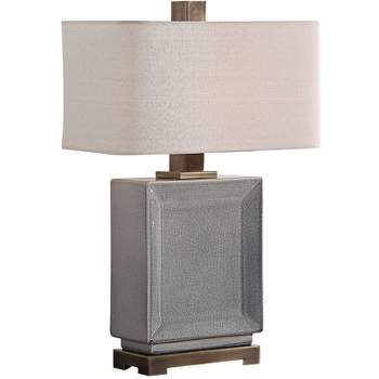 Uttermost Modern Table Lamp 27 1/2" Tall Crackled Gray Glaze Ceramic Bronze Linen Rectangular Shade for Bedroom Living Room Office