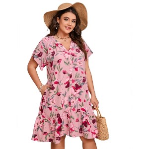 YESFASHION Women Plus Size Mini Dress Floral Casual Dress Short Sleeve Button Dress Ruffle V Neck Summer Dress - 1 of 4