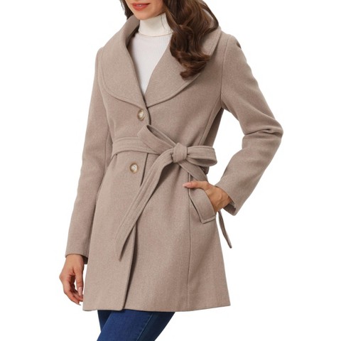 INSPIRE CHIC Women's Winter Shawl Collar Wrap Tie Belted Single Breasted Long Pea Coat Small Light Khaki