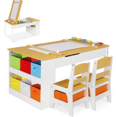 Kinder King 3-in-1 Kids Art Table & Easel Set with Storage Bins, Paper Roll, and Paint Cups, Natural