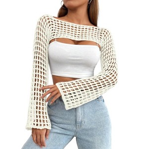 Coolmee Women's Crochet Crop Tops Shrugs Hollow Out CrewneckSweater Knit Long Sleeve Cropped Clothes - 1 of 3