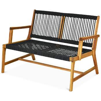 Tangkula 2-Person Outdoor Acacia Wood Bench Patio Loveseat Rope Bench Turquoise/Black