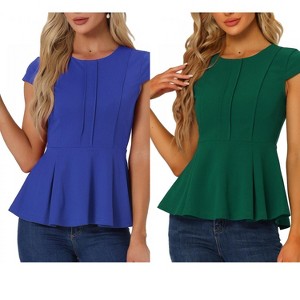 INSPIRE CHIC Women's Elegant Round Neck Cap Sleeve Solid Color Peplum Blouses 2 Packs - 1 of 4
