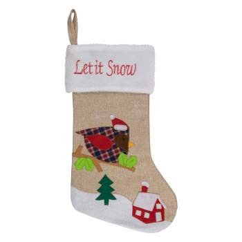 Northlight 19" Beige and Red Burlap "Let It Snow" Bird Christmas Stocking