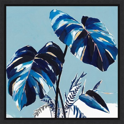 Blue Monstera Leaves Canvas Print with Black Frame