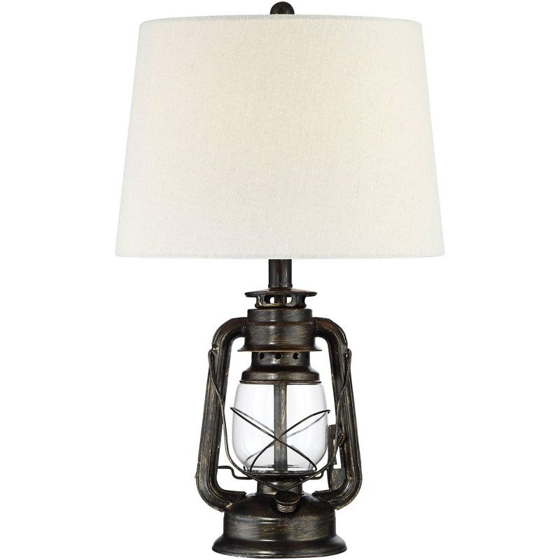 Franklin Iron Works Murphy Industrial Rustic Accent Table Lamp 23" High Weathered Bronze Miner Lantern Oatmeal Fabric Shade for Bedroom Living Room, 1 of 10