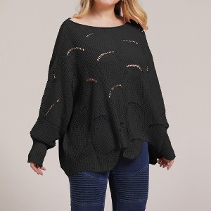 Plus Size Sweater for Women Pointelle Knit Pullover Sweater Long Sleeve Off Shoulder Sweater Round Neck Loose Fit Oversized Tops for Winter - 1 of 4