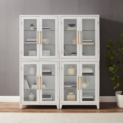 White Glass Door Kitchen Pantry Storage Cabinet Set with Gold Hardware