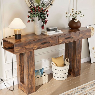 Dolonm 2-Tier 63" Console Desk with 2 Drawers,U-shaped Base with Power Outlet & USB Ports/ LED Lights,for Entrances,Corridors,Behind Sofas