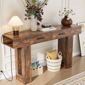 Dolonm 2-Tier 63" Console Desk with 2 Drawers,U-shaped Base with Power Outlet & USB Ports LED Lights,for Entrances,Corridors,Behind Sofas - 1 of 4