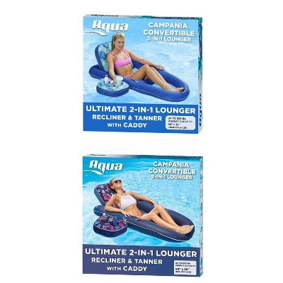 Aqua Leisure Campania Inflatable Convertible 2 in 1 Swimming Pool Water Float Lounger with Caddy, 1 Teal Hibiscus & 1 Navy Hibiscus
