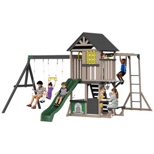 AMERLIFE Wooden Outdoor Swing Set with Playhouse, Slides, Swings, Climbing Wall & Ladder, Multi-Activity Backyard Playground for Kids Ages 3–8 - 1 of 4