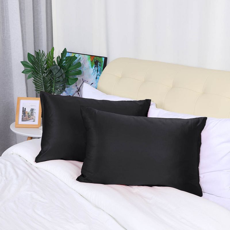 2 Packs Standard Size Zippered Silky Satin Pillowcases Pillow Cases Covers Black - PiccoCasa, 1 of 4