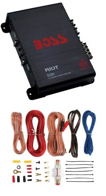 BOSS Audio Systems R1004 Riot 400W 4-Channel Class A/B 2 Ohm Stable Full Range Car Audio High Power Amplifier with 8 Gauge Amp Installation Wiring Kit