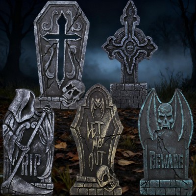 Joyfy 5Pcs 17" Halloween Foam RIP Graveyard Tombstones Decorations, Headstones Graveyard Cemetery Gravestones Prop with 12 Stakes, Yard Lawn Garden