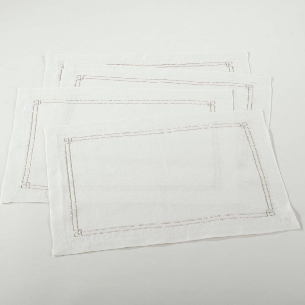 4pk Embroidered Design Placemat Ivory - Saro Lifestyle: Machine Washable, 100% Linen, Rectangular Shape