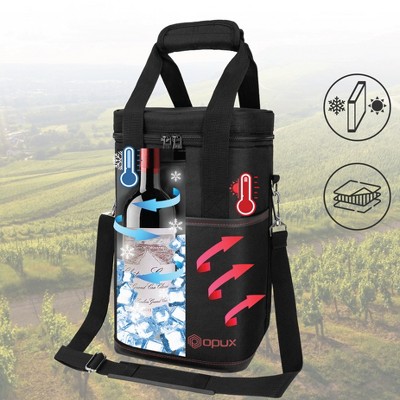 Black Insulated 4-Bottle Wine Tote Carrier with Shoulder Strap