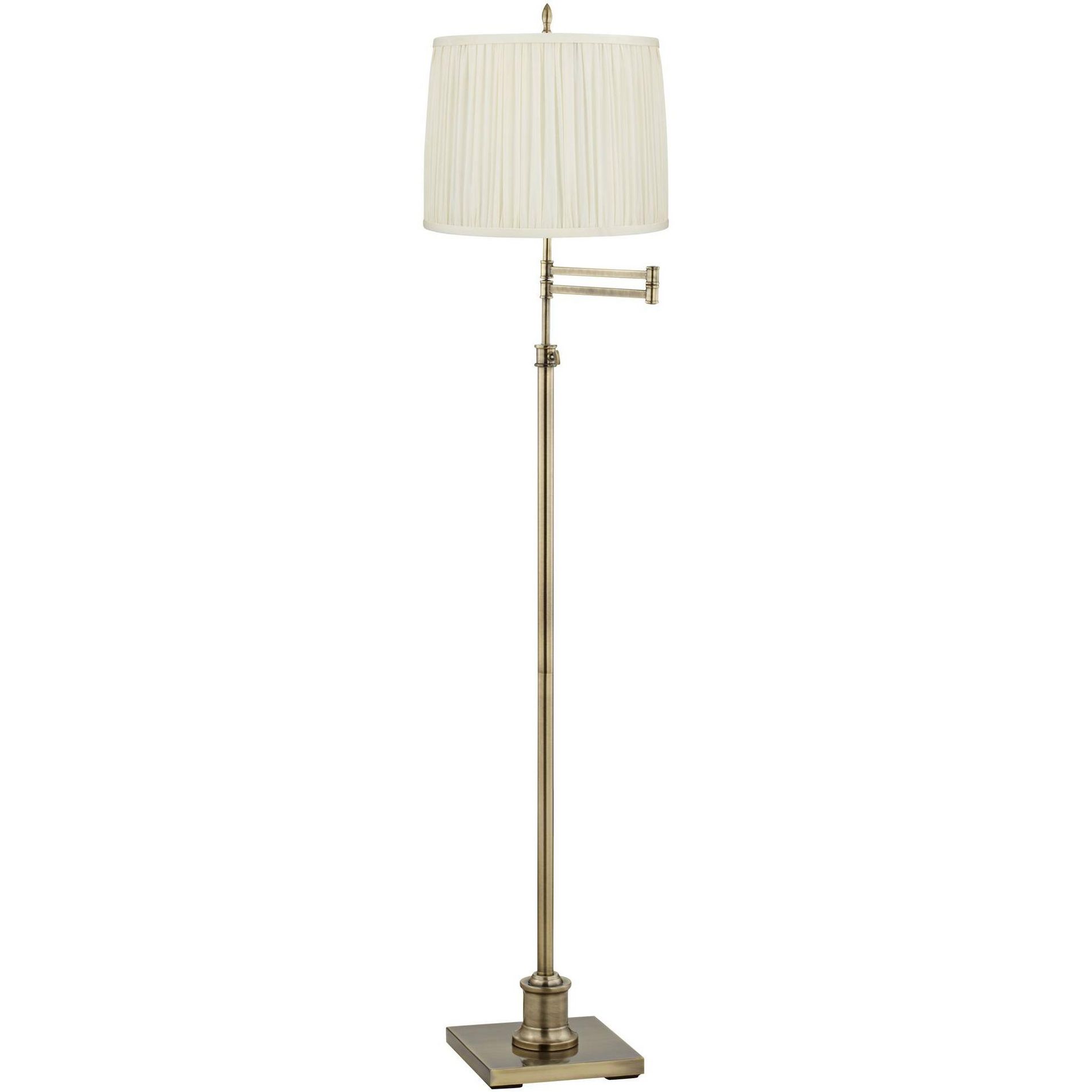 Regency Hill Westbury Traditional 70" Tall Standing Floor Lamp Skinny Adjustable Swing Arm Gold Antique Brass Finish Living Room Pleated White Shade