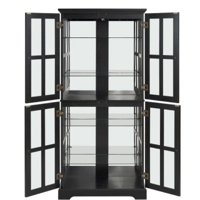 Vynxaria Antique Glass High Cabinet: Grid Doors, Adjustable Shelves, Integrated Lighting for Books/Collectibles