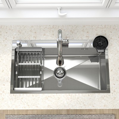 CHEVNI Silver Kitchen Sink Stainless Steel Single Bowl With Faucet Cup Washer Drop In Top Mount