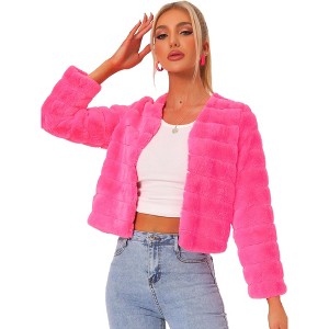 Allegra K Women's Winter Warm Cropped Collarless Faux Fur Fluffy Jacket - 1 of 4