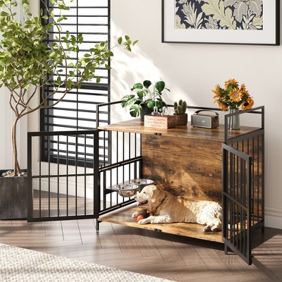 Furniture Style Large Dog Crate with 360° & Adjustable Raised Feeder for Dogs 2 Stainless Steel Bowls -End Table House Pad