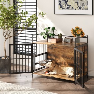 Furniture Style Large Dog Crate with 360° & Adjustable Raised Feeder for Dogs 2 Stainless Steel Bowls -End Table House Pad - 1 of 4