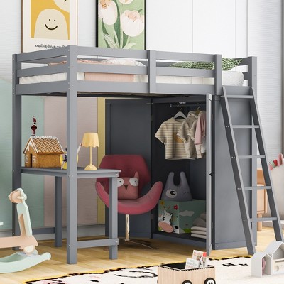 Full/Twin Size Loft Bed with Wardrobe, Desk and Shelves - ModernLuxe
