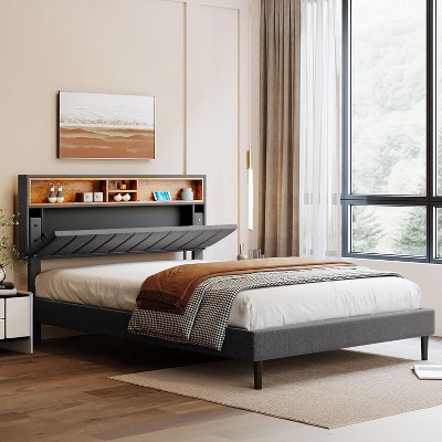 Upholstered Platform Bed, with Storage Headboard and USB Port, Modern MDF and Particle Board Bed Frame