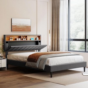 Upholstered Platform Bed, with Storage Headboard and USB Port, Modern MDF and Particle Board Bed Frame - 1 of 4