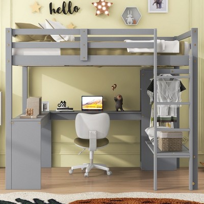 CAVINAS Twin Size Loft Bed Wooden Bed Frame with L-Shaped Desk, Shelves, Wardrobe and Ladder for Bedroom